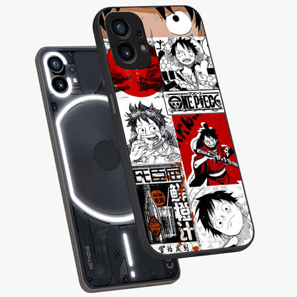 Strawhat Chaos Panels Glass Case displayed in angled mockup highlighting vibrant anime collage design with action aesthetic.