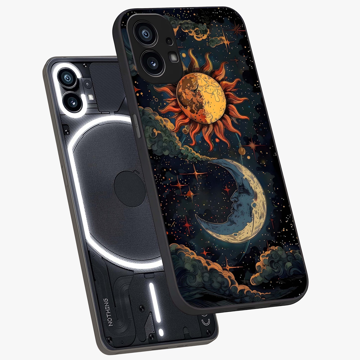 Sun And Moon Magic Design Glass Case displayed in angled mockup highlighting celestial design with magical cosmic aesthetic.