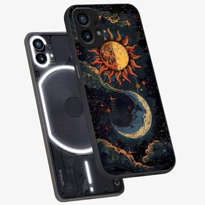 Sun And Moon Magic Design Glass Case displayed in angled mockup highlighting celestial design with magical cosmic aesthetic.