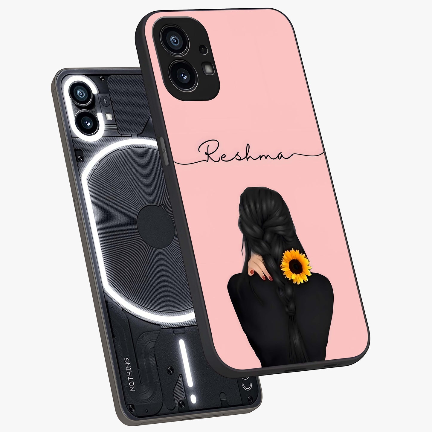 Sunflower Braid Beauty With Custom Name Glass Case displayed in angled mockup highlighting elegant sunflower design with custom name feature.