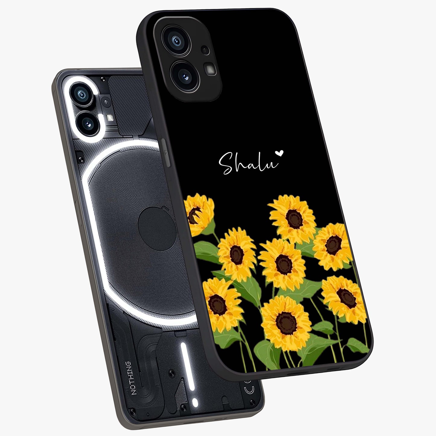 Sunflower Chic Mood Custom Name Glass Case displayed in angled mockup highlighting vibrant sunflower design with custom name feature.