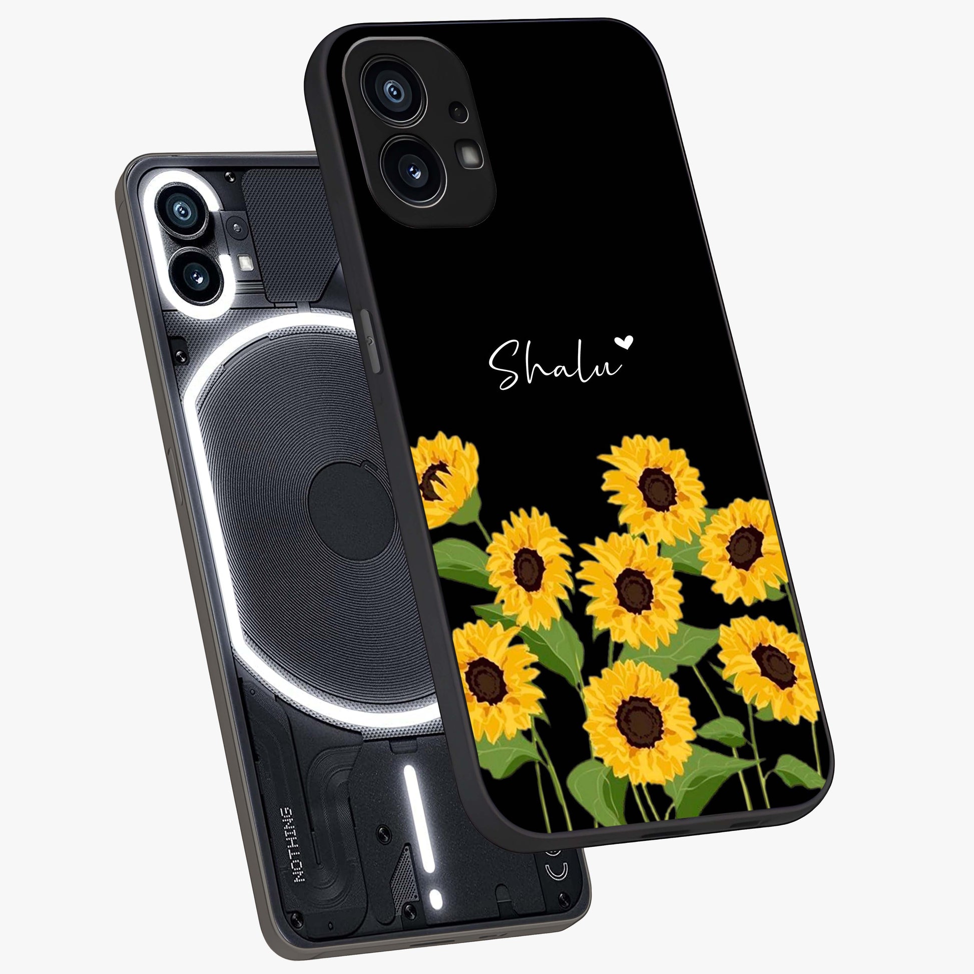 Sunflower Chic Mood Custom Name Glass Case displayed in angled mockup highlighting vibrant sunflower design with custom name feature.