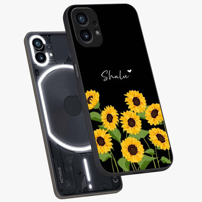 Sunflower Chic Mood Custom Name Glass Case displayed in angled mockup highlighting vibrant sunflower design with custom name feature.
