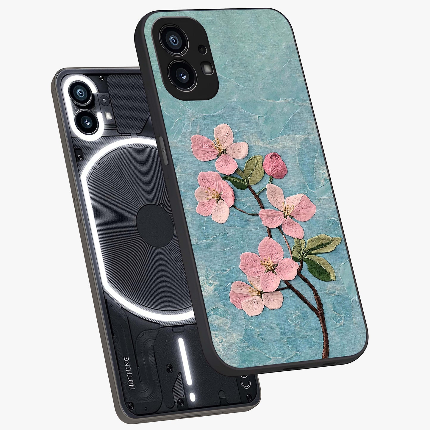 Threaded Blossom Breeze Glass Case displayed in angled mockup highlighting elegant floral design with soft aesthetic style.