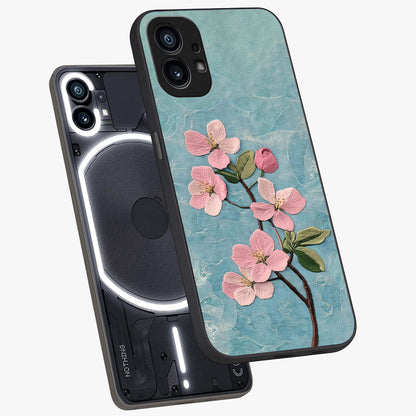 Threaded Blossom Breeze Glass Case displayed in angled mockup highlighting elegant floral design with soft aesthetic style.