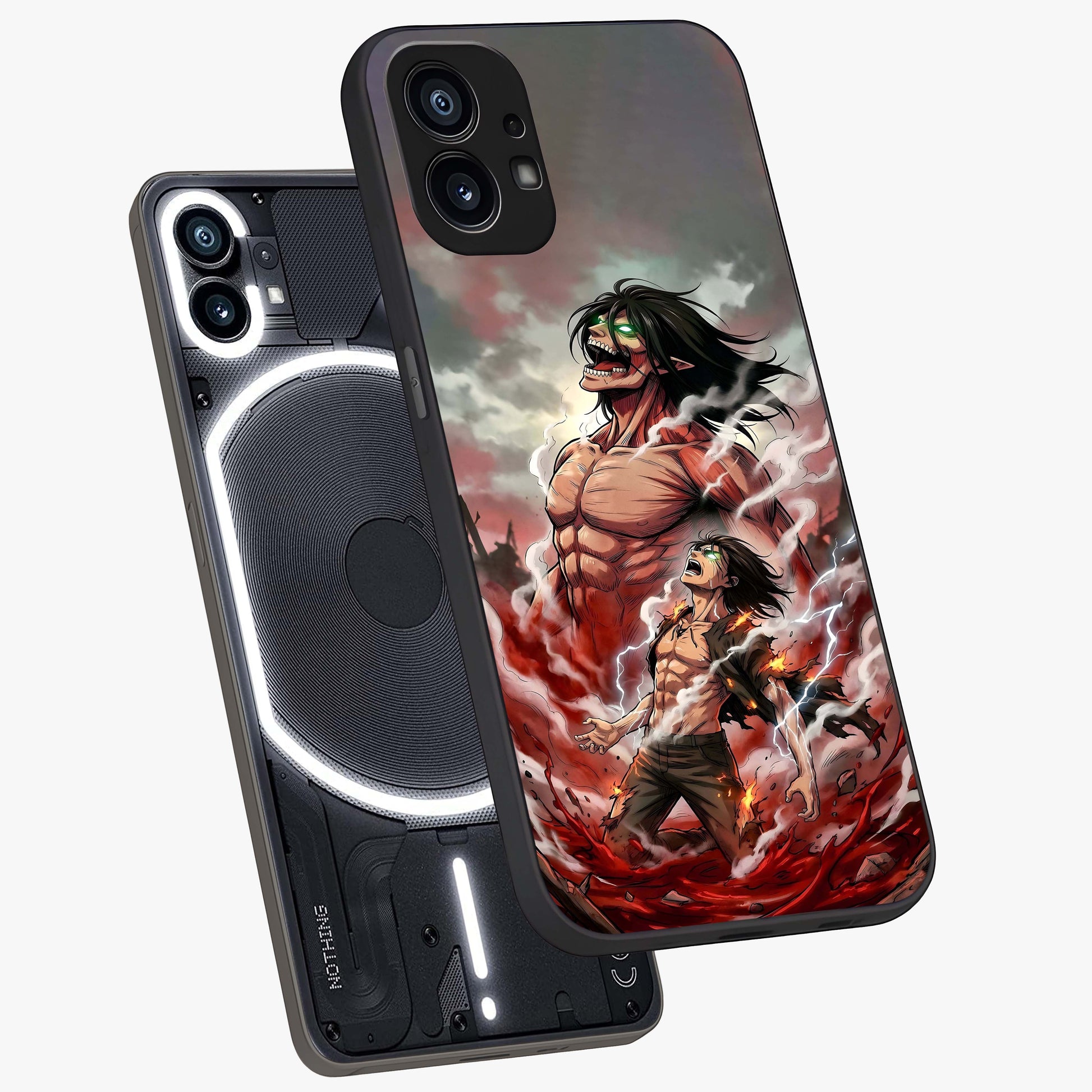 Titan Awakening Fury Glass Case displayed in angled mockup highlighting dramatic giant warrior design with bold anime aesthetic.