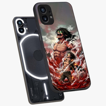 Titan Awakening Fury Glass Case displayed in angled mockup highlighting dramatic giant warrior design with bold anime aesthetic.