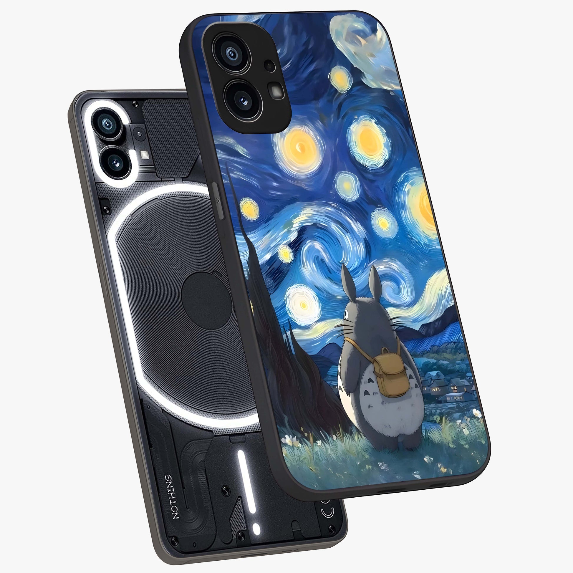 Totoro In Van Gogh Art Glass Case displayed in angled mockup highlighting artistic swirling sky design with playful animation aesthetic.
