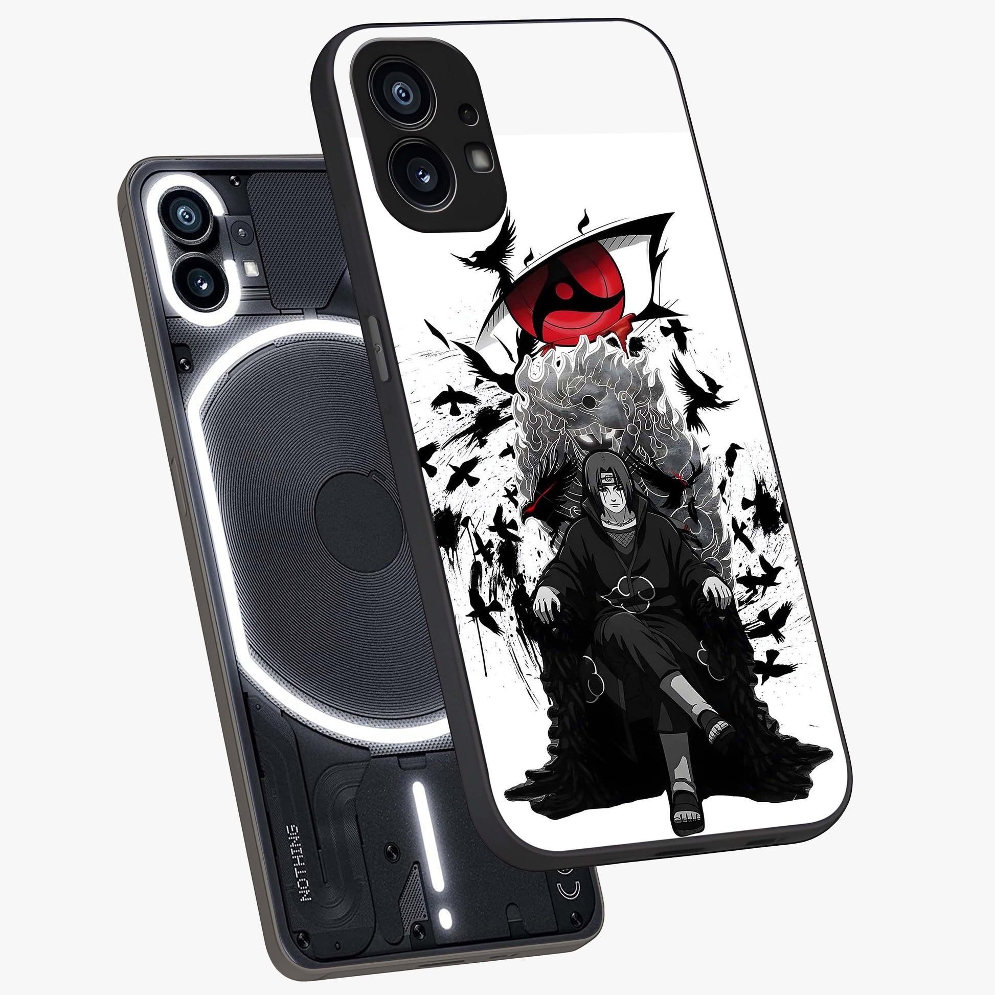 Uchiha Shadow Throne Glass Case displayed in angled mockup highlighting glowing aquatic design with celestial aesthetic.