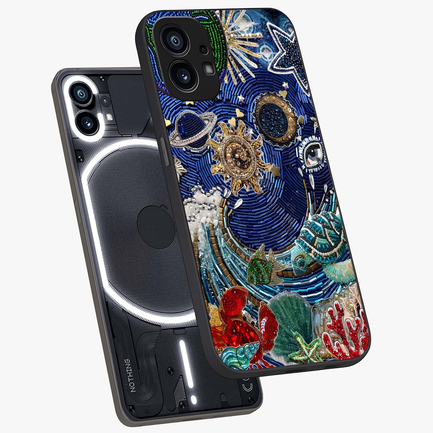 Universe Underwater Spark Glass Case displayed in angled mockup highlighting glowing aquatic design with celestial aesthetic.
