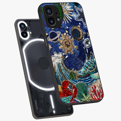 Universe Underwater Spark Glass Case displayed in angled mockup highlighting glowing aquatic design with celestial aesthetic.