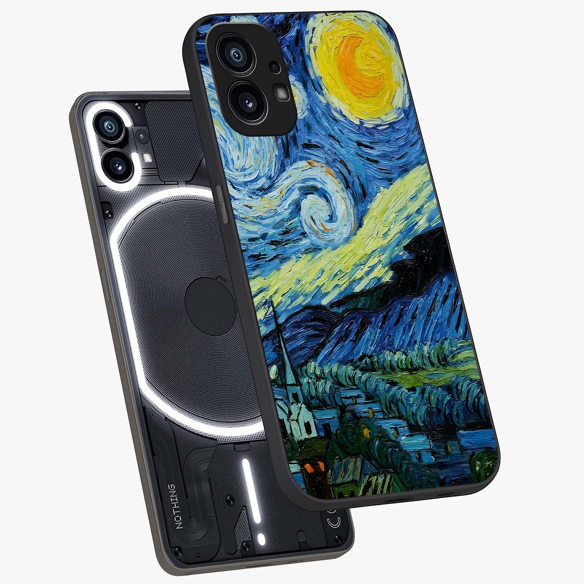 Van Gogh Art Glass Case displayed in angled mockup highlighting swirling brushstroke design with artistic aesthetic.