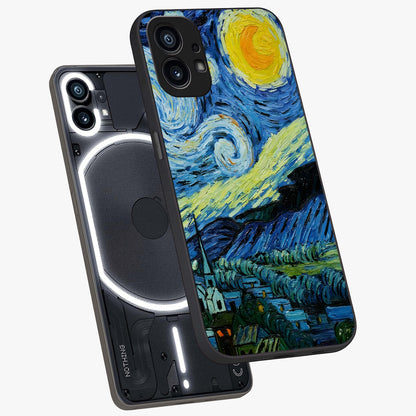 Van Gogh Art Glass Case displayed in angled mockup highlighting swirling brushstroke design with artistic aesthetic.
