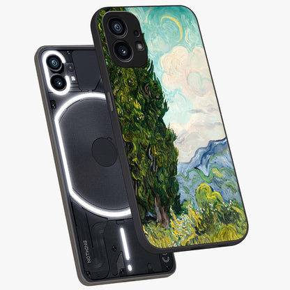Van Gogh Vintage Art Glass Case displayed in angled mockup highlighting textured brushstroke design with classic aesthetic.