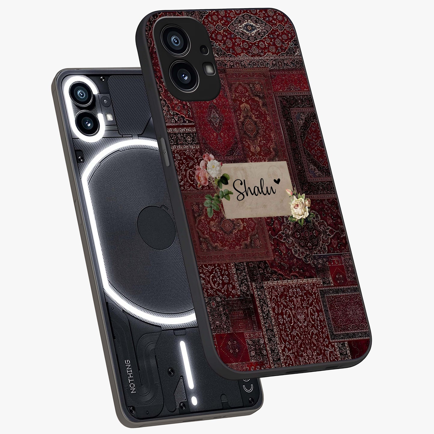 Velvet Wine Pattern Custom Name Glass Case displayed in angled mockup highlighting decorative velvet inspired design with custom name feature.