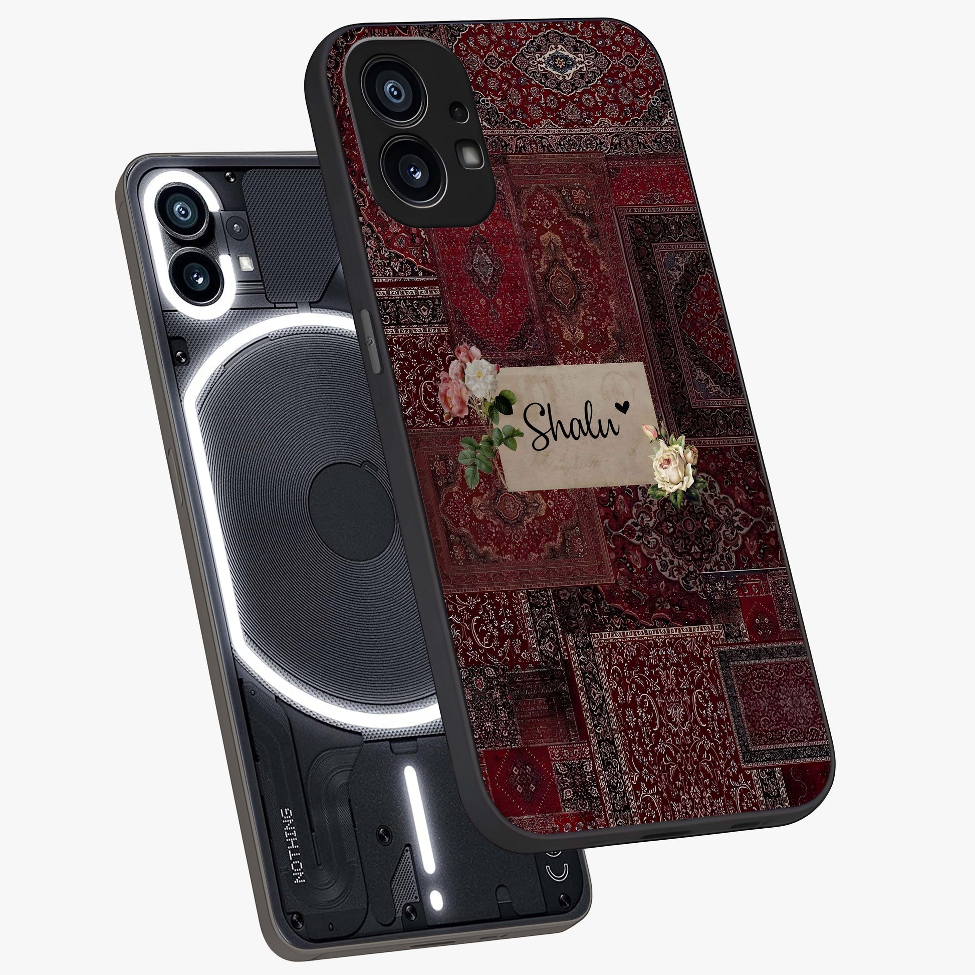 Velvet Wine Pattern Custom Name Glass Case displayed in angled mockup highlighting decorative velvet inspired design with custom name feature.