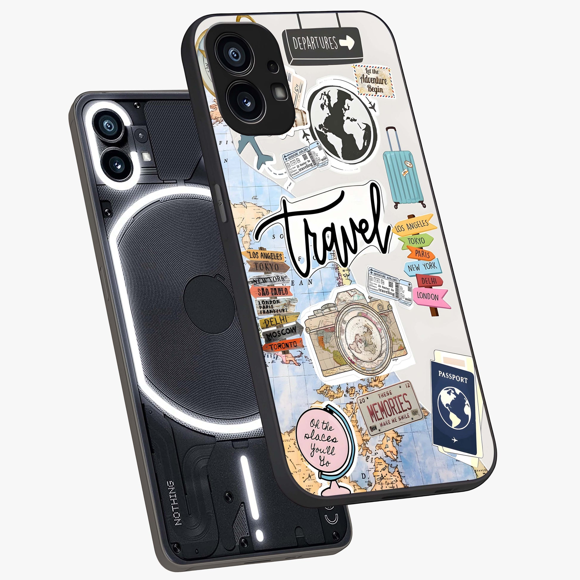 Wanderlust Journal Glass Case displayed in angled mockup highlighting adventure themed design with aesthetic travel vibe.