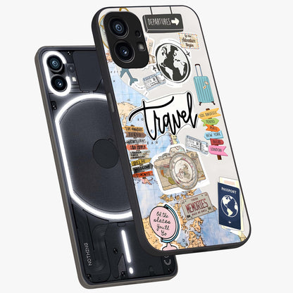 Wanderlust Journal Glass Case displayed in angled mockup highlighting adventure themed design with aesthetic travel vibe.