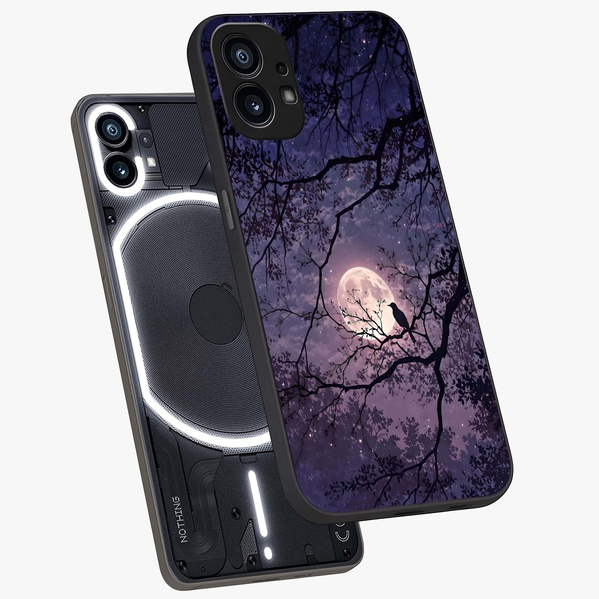 Whispering Moon Silence Glass Case displayed in angled mockup highlighting calm lunar design with dreamy night aesthetic.
