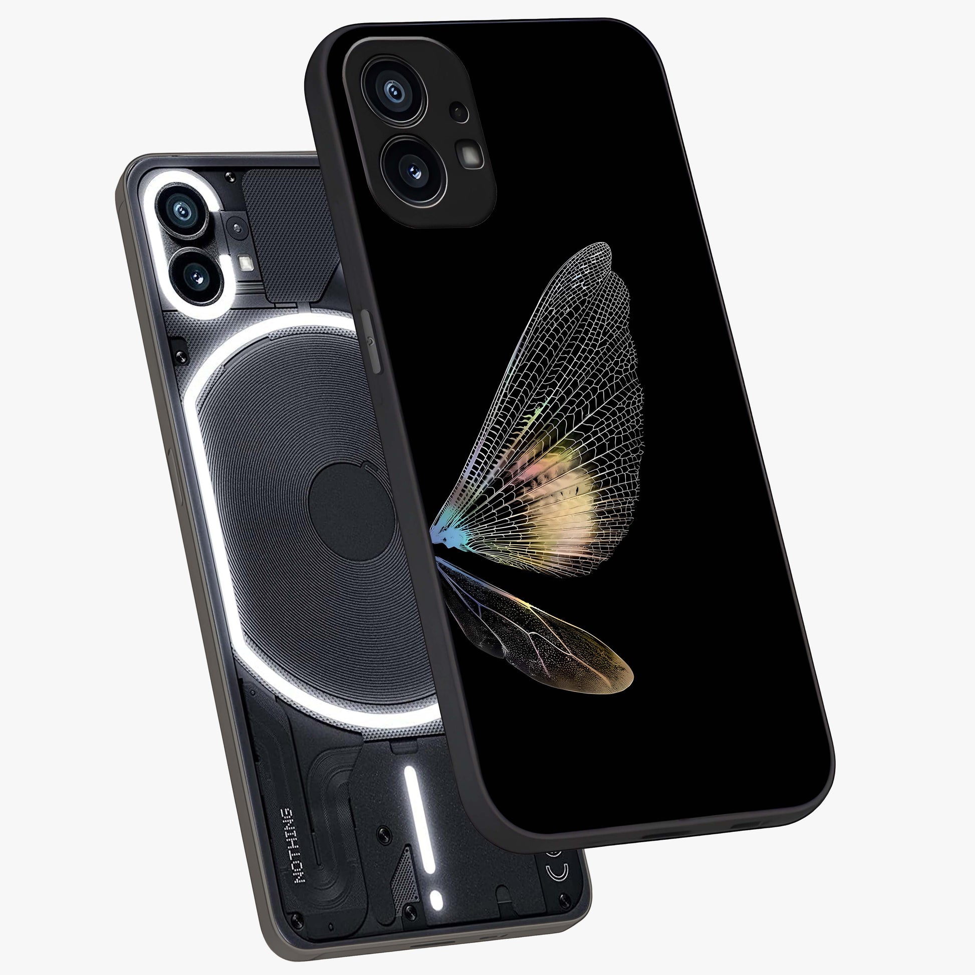 Whispers Of Wings Glass Case displayed in angled mockup highlighting soft feather design with celestial aesthetic style.