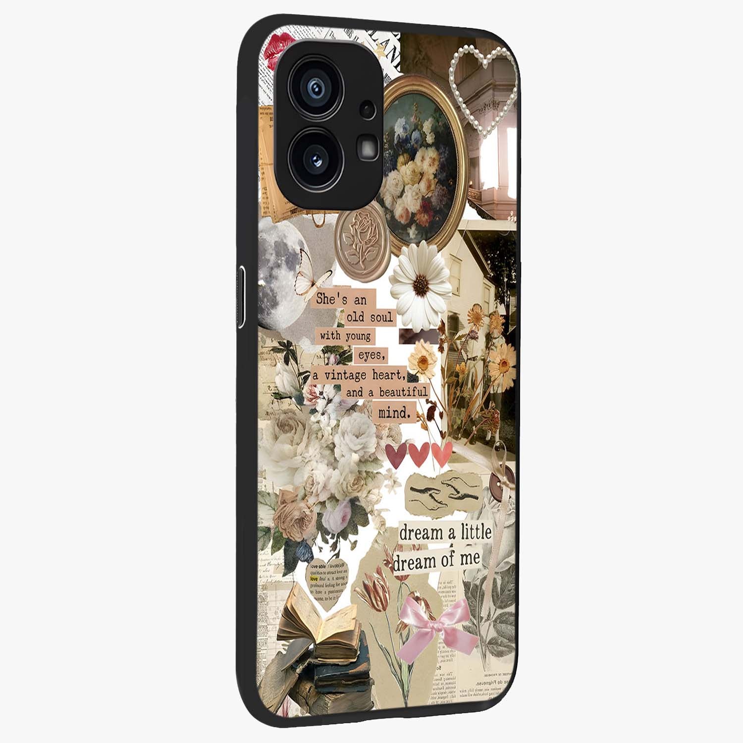 Aesthetic Brown Vintage Collage Glass Case upright view showcasing nostalgic retro artwork with stylish vintage theme.