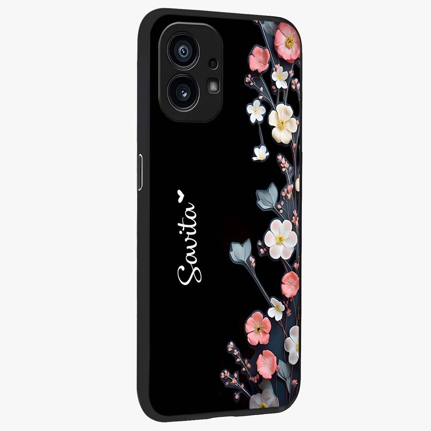 Black Elegance Floral Custom Name Glass Case upright view showcasing luxurious black floral design with personalized name detail.