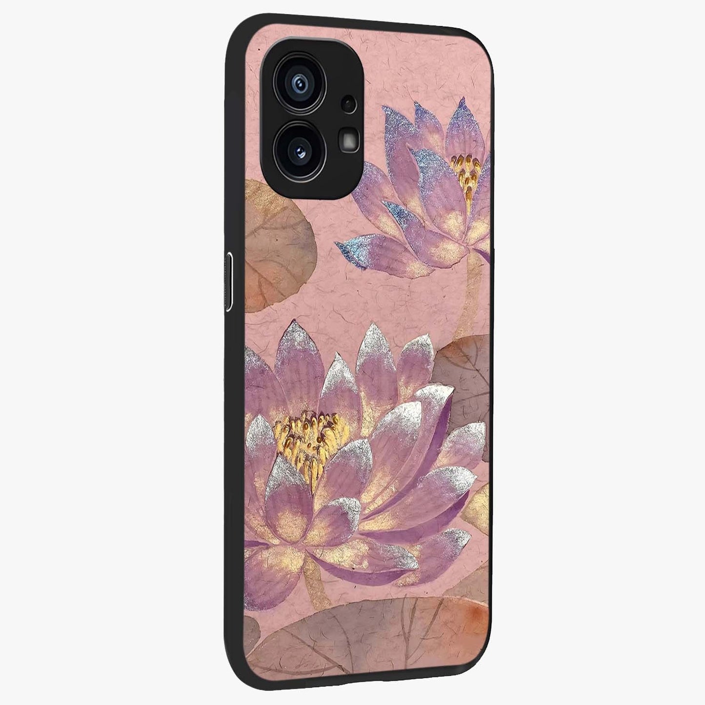 Blossom Mist Lotus Glass Case upright view showcasing graceful lotus flower design with peaceful botanical style.