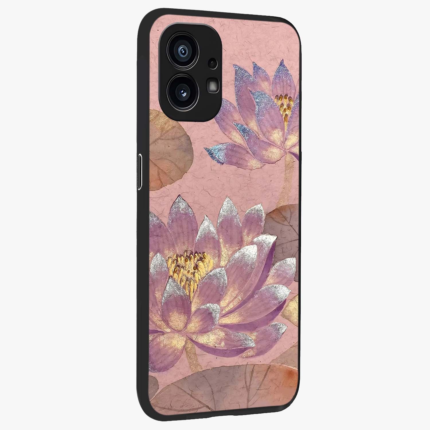 Blossom Mist Lotus Glass Case upright view showcasing graceful lotus flower design with peaceful botanical style.