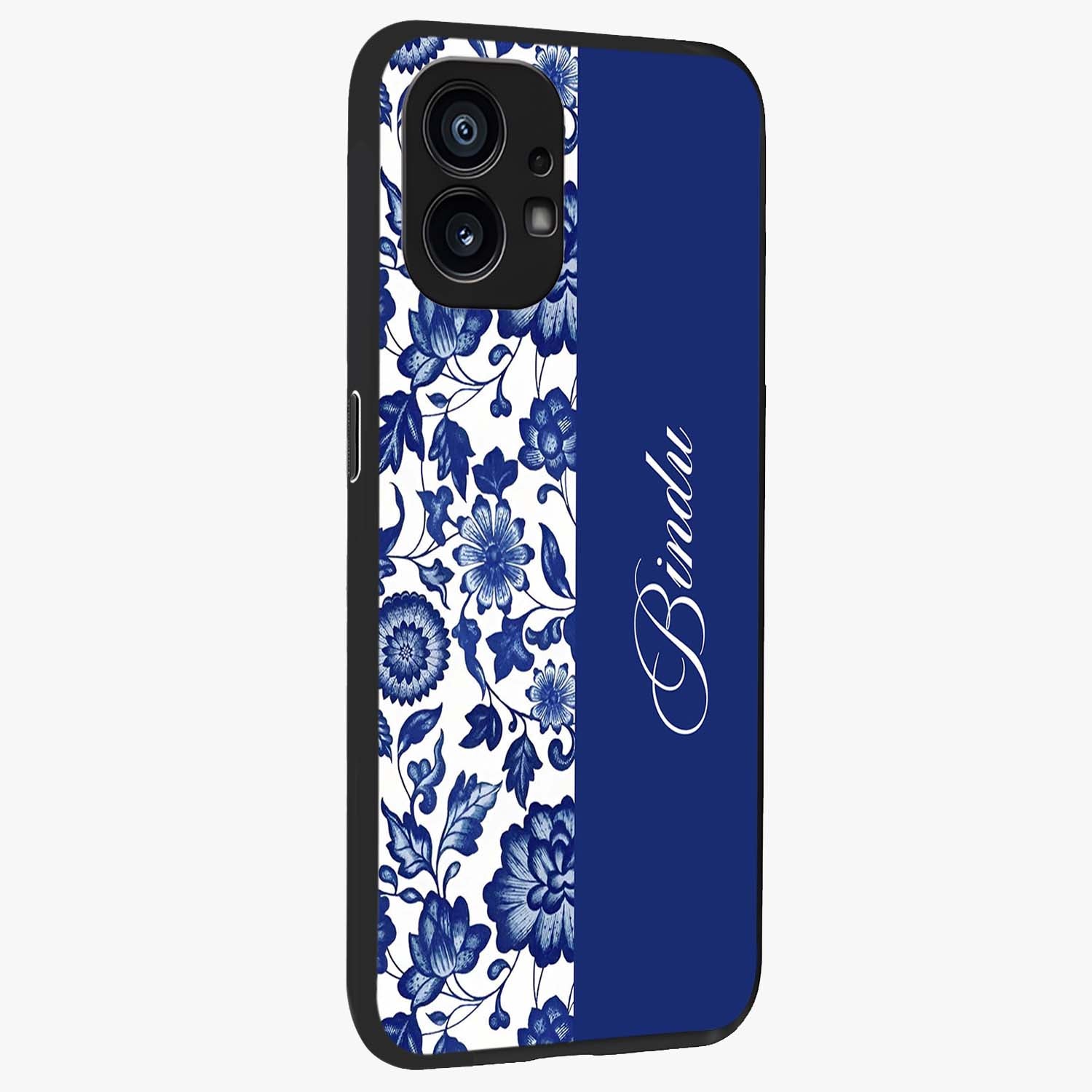 Blue Vintage Floral Pattern Glass Case upright view showcasing delicate blush floral texture with modern minimal style.