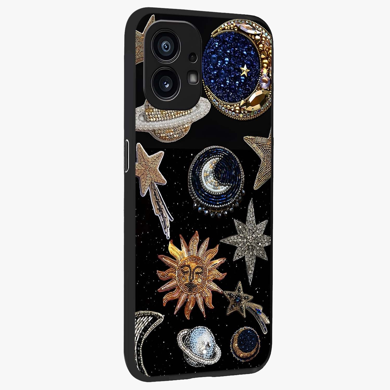 Celestial Gem Constellations Glass Case upright view showcasing cosmic constellation artwork with celestial aesthetic style.