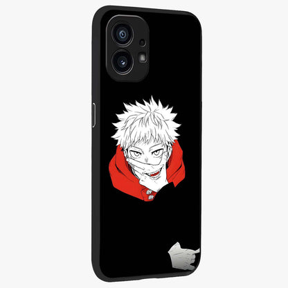 Crimson Chaos Smile Glass Case upright view showcasing expressive chaotic artwork with striking visual theme.
