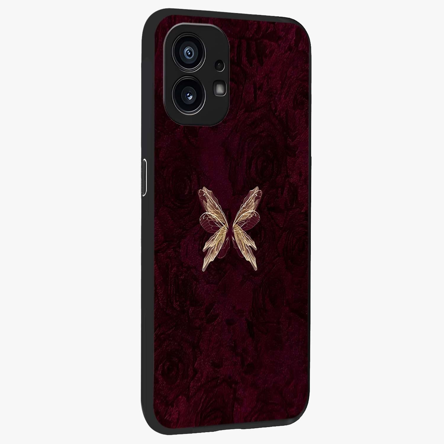 Crimson Fade Butterfly Glass Case upright view showcasing graceful butterfly artwork with soft crimson fade effect.
