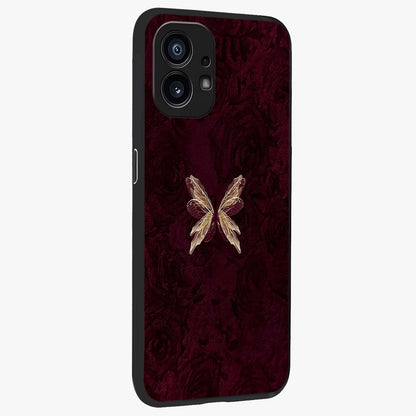 Crimson Fade Butterfly Glass Case upright view showcasing graceful butterfly artwork with soft crimson fade effect.