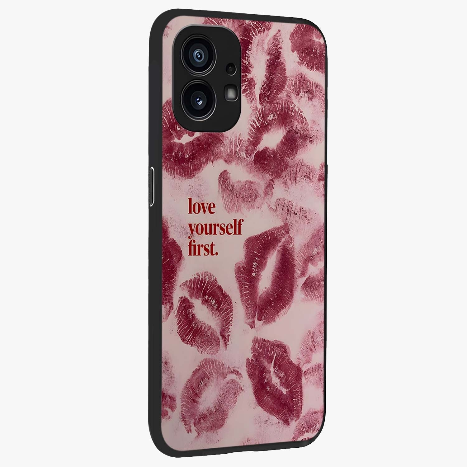 Crimson Kiss Love Glass Case upright view showcasing expressive romantic artwork with deep crimson theme.