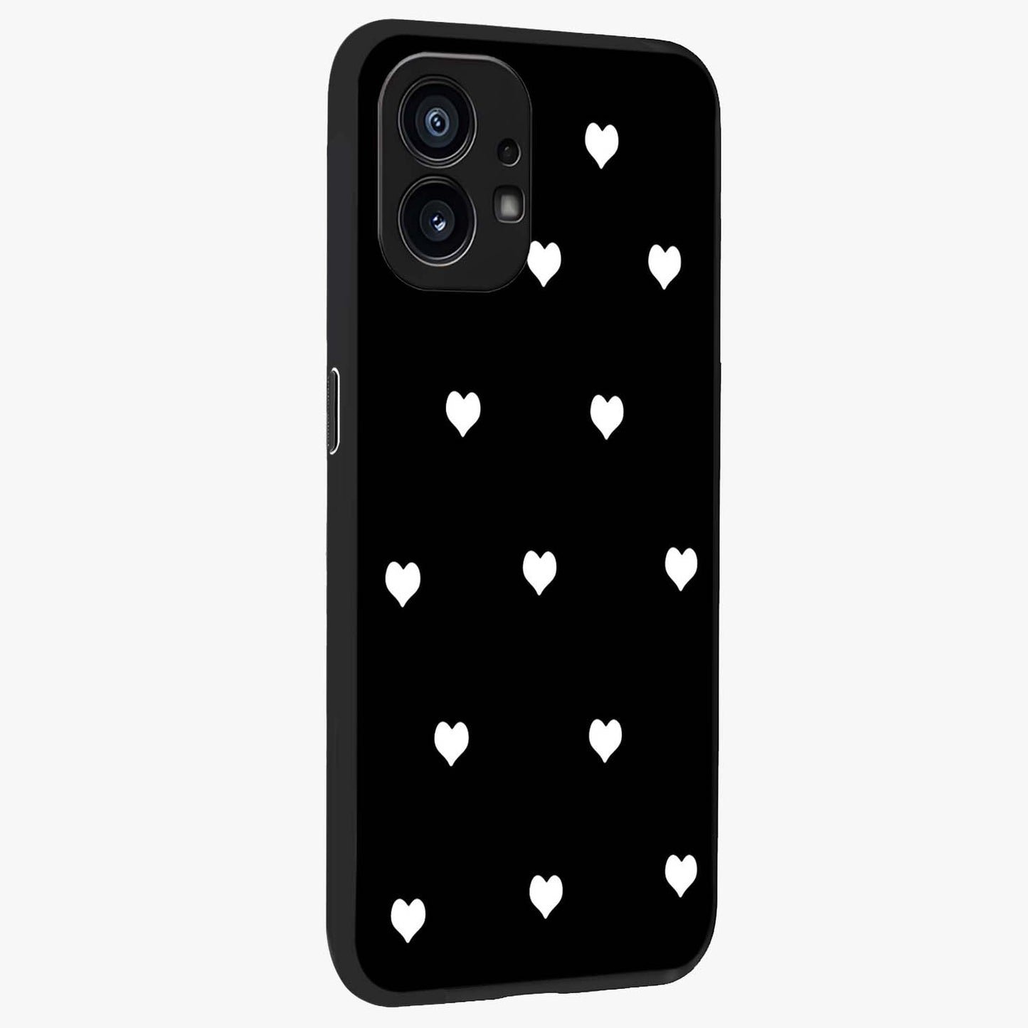 Cute And Simple White Hearts Glass Case upright view showcasing simple white hearts artwork with soft minimal theme.