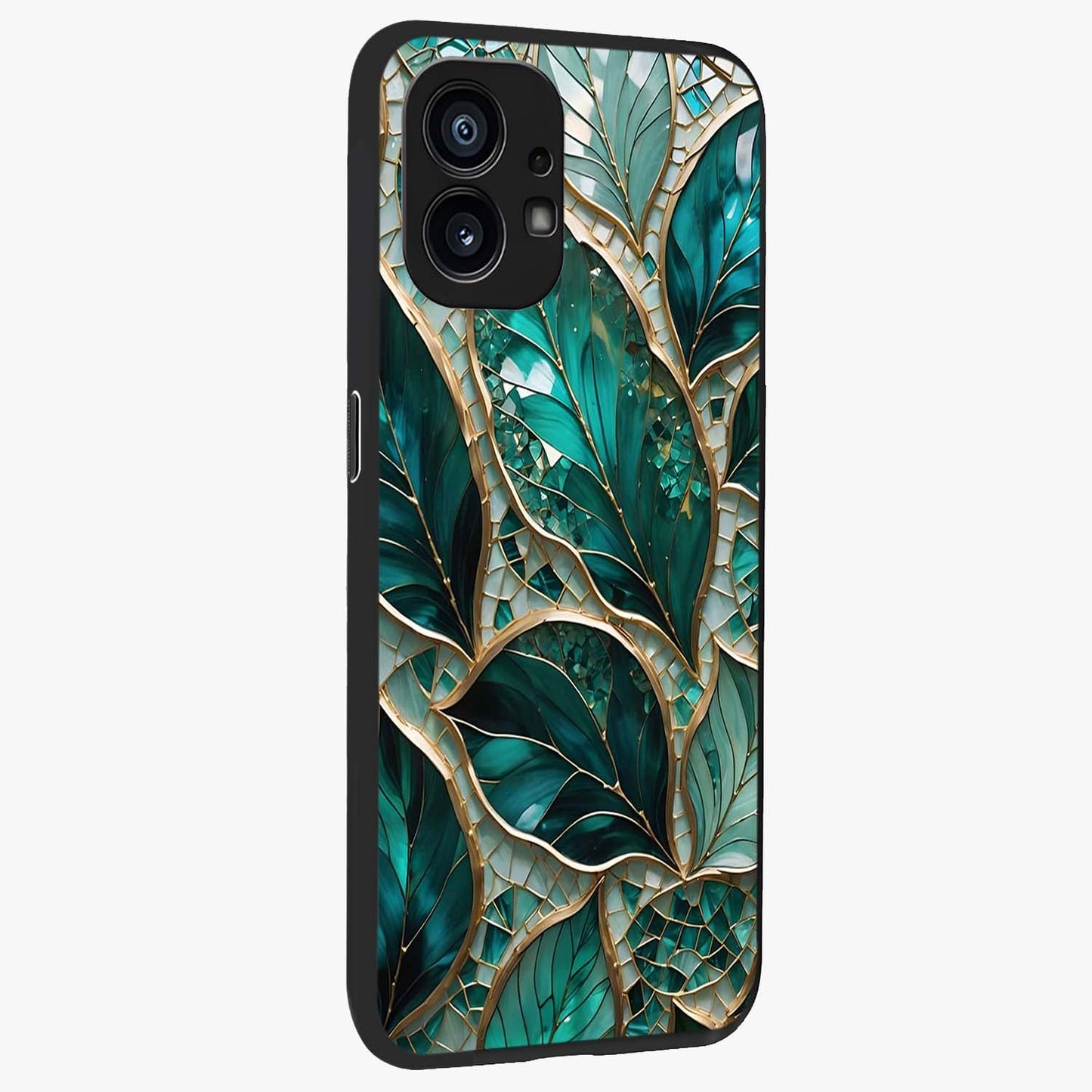 Emerald Leaf Glass Glass Case upright view showcasing fresh green leaf artwork with calming nature inspired style.