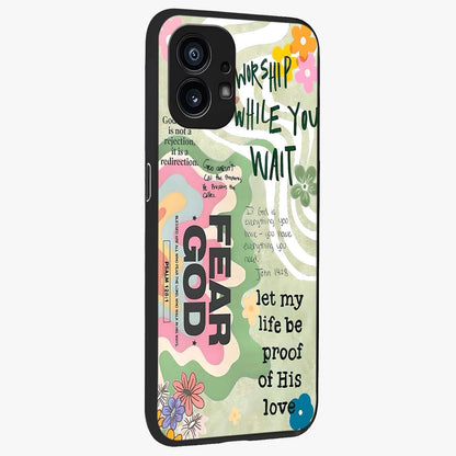 Faith Over Fear Glass Case upright view showcasing bold typography artwork with uplifting motivational theme.