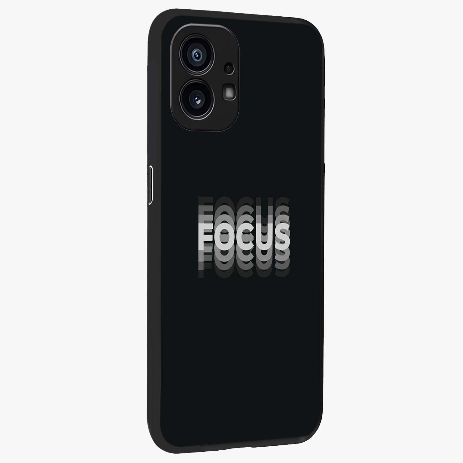Focus Mode On Glass Case upright view showcasing strong typography statement with sleek motivational theme.