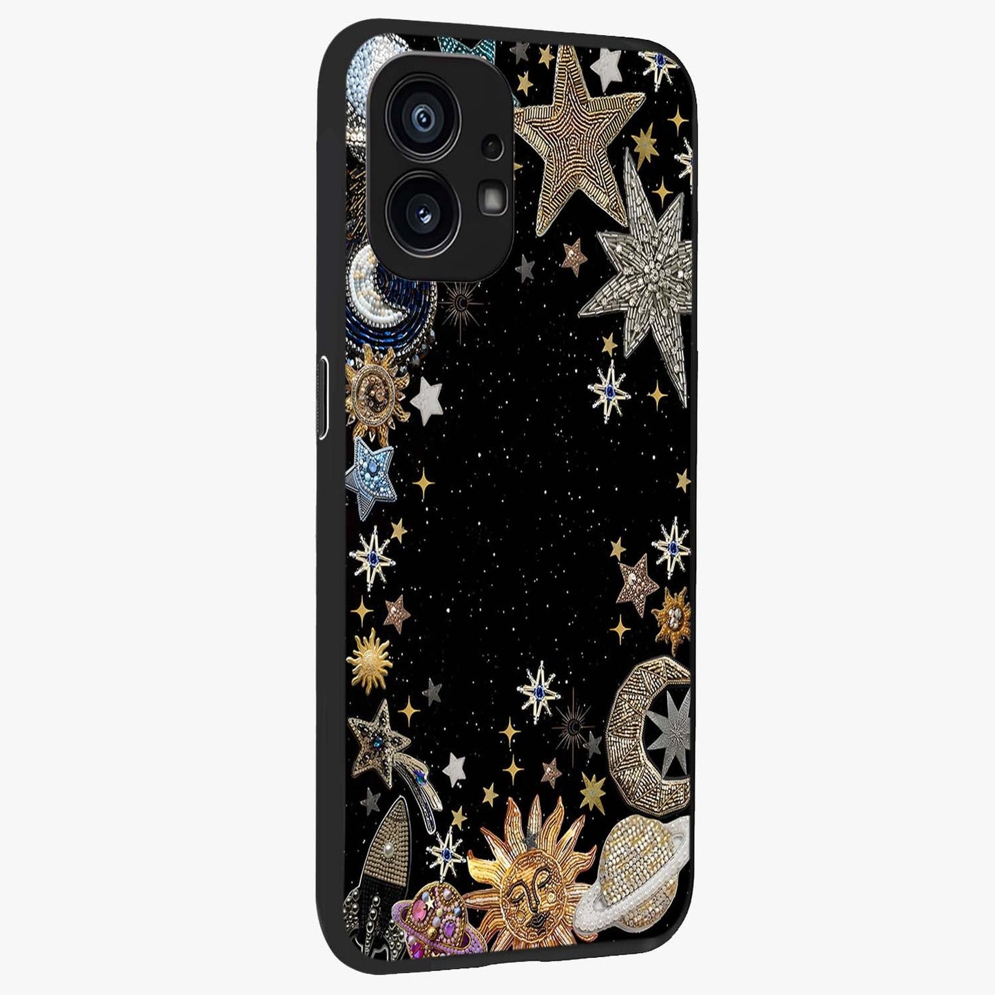 Galactic Jewel Stars Glass Case upright view showcasing glittering star jewel artwork with vibrant galaxy theme.