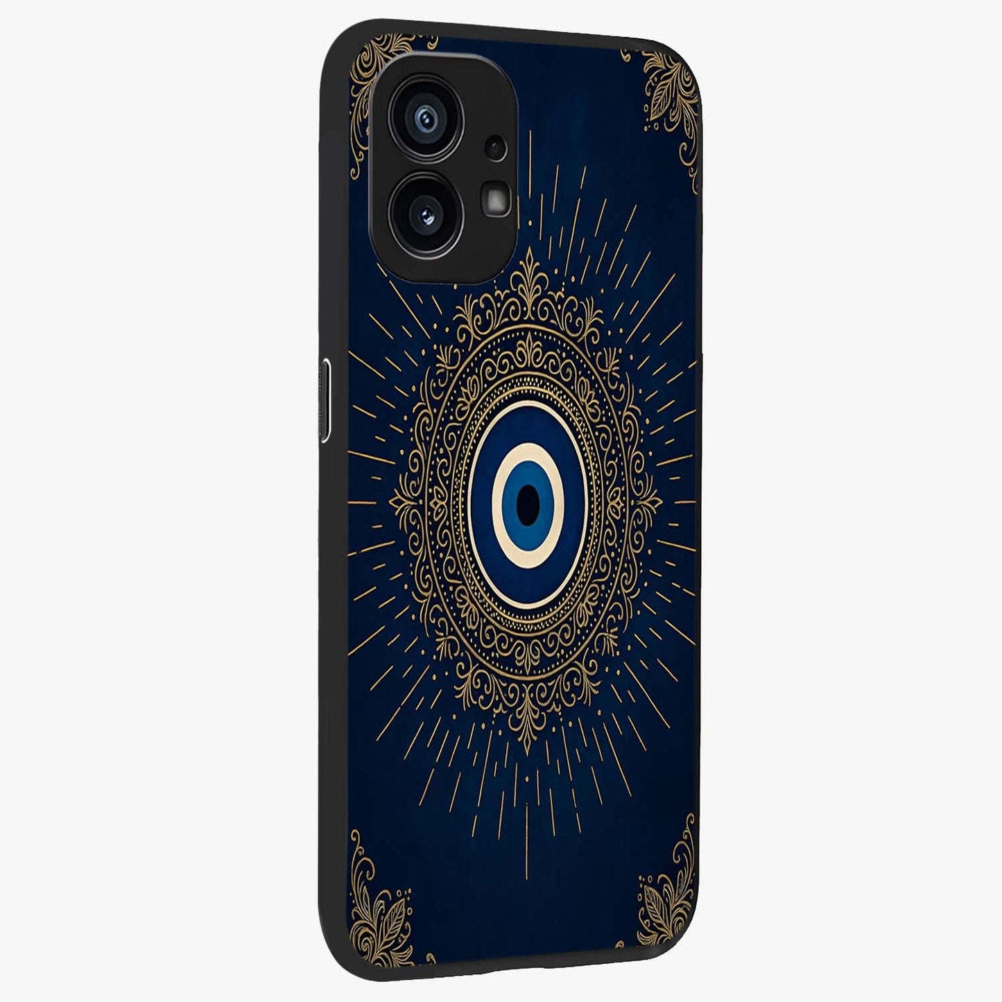 Golden Celestial Charm Glass Case upright view showcasing radiant celestial artwork with elegant golden theme.