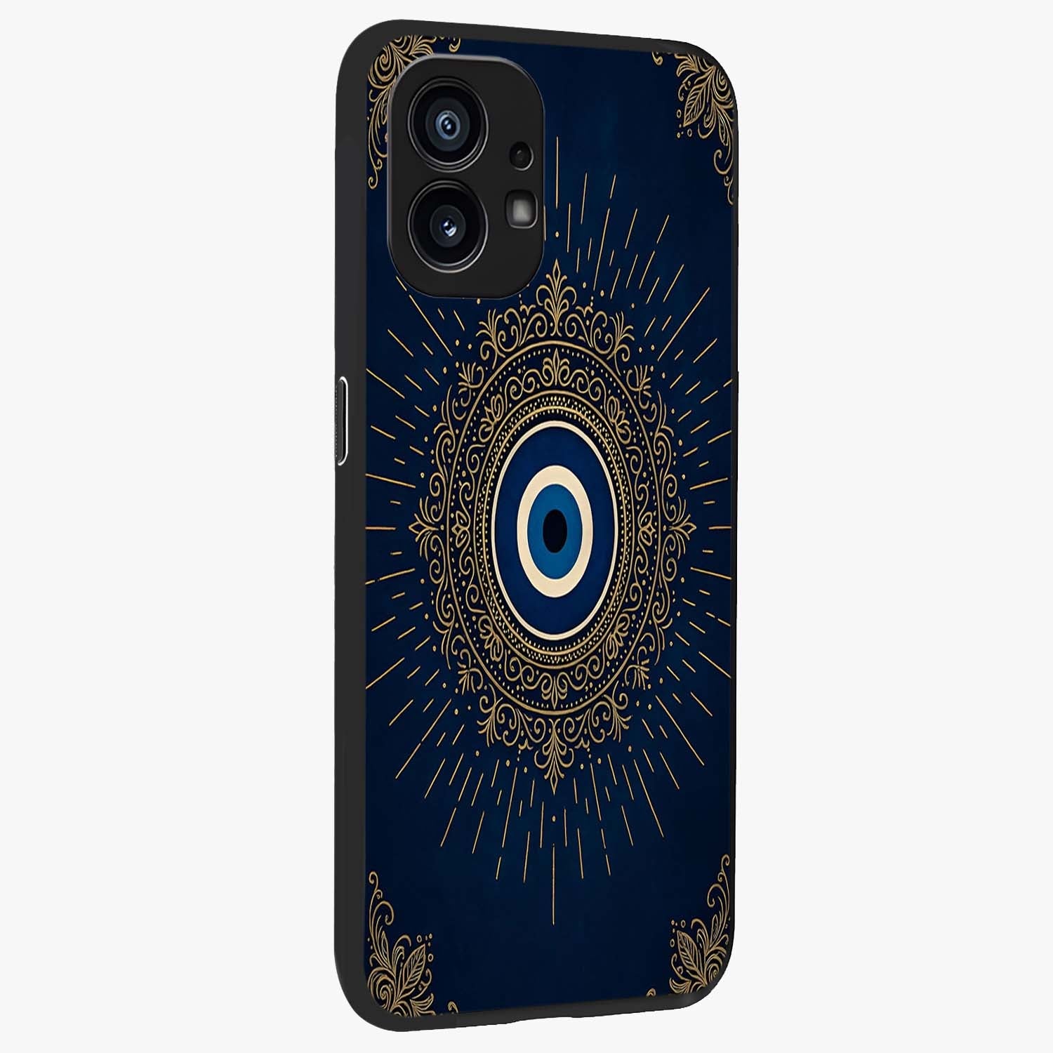 Golden Celestial Charm Glass Case upright view showcasing radiant celestial artwork with elegant golden theme.
