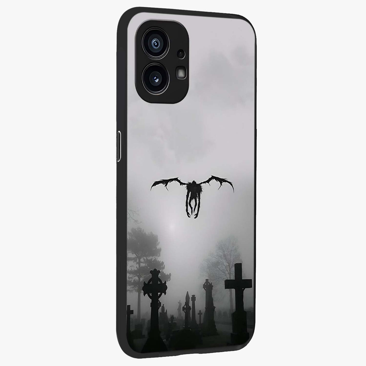 Graveyard Shadow Descent Glass Case upright view showcasing haunting graveyard artwork with dramatic dark theme.