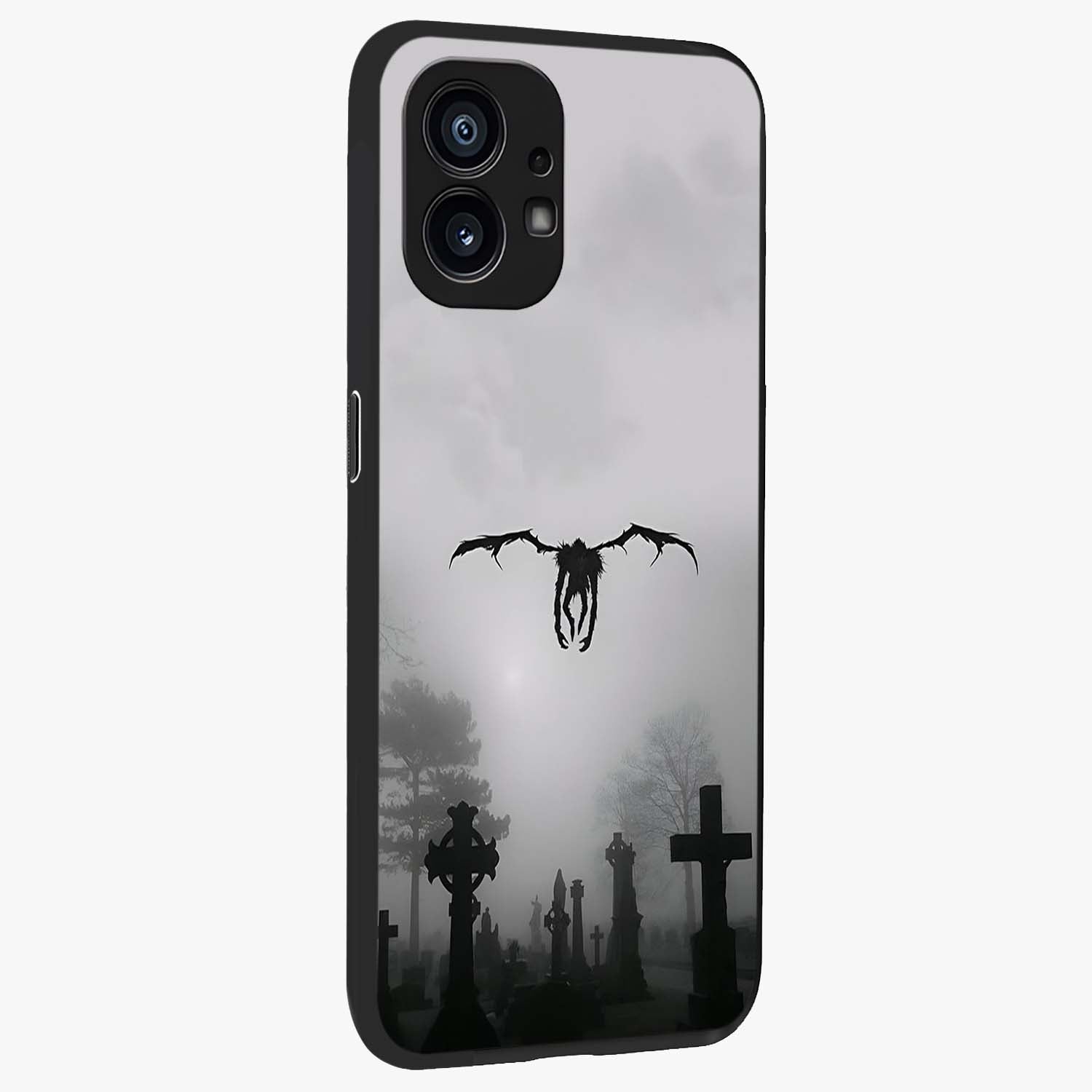 Graveyard Shadow Descent Glass Case upright view showcasing haunting graveyard artwork with dramatic dark theme.