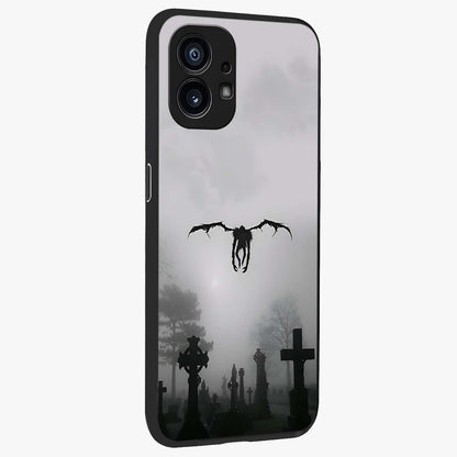 Graveyard Shadow Descent Glass Case upright view showcasing haunting graveyard artwork with dramatic dark theme.