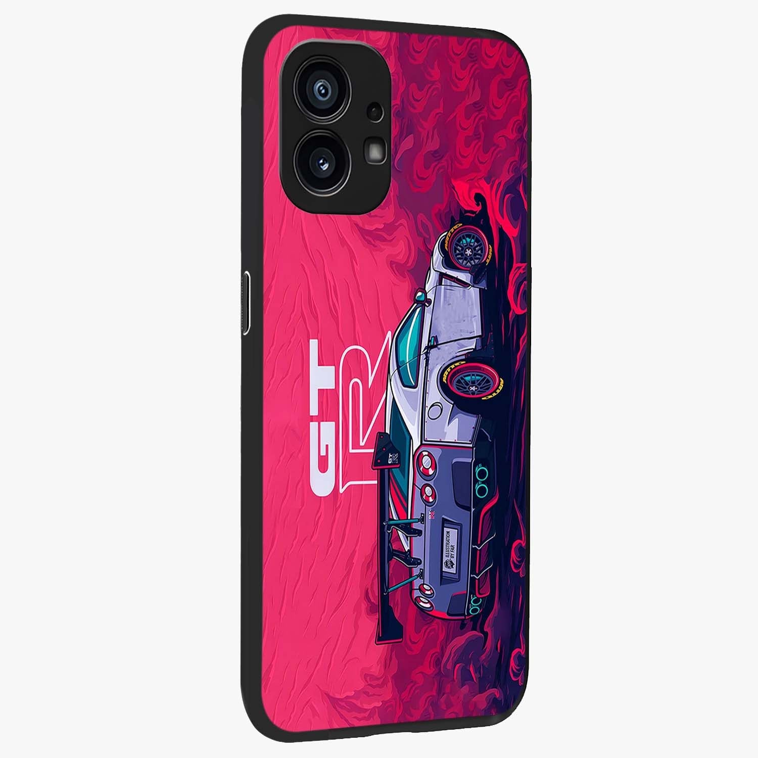 GT-R Car Pattern Glass Case upright view showcasing dynamic car pattern artwork with modern sports theme.