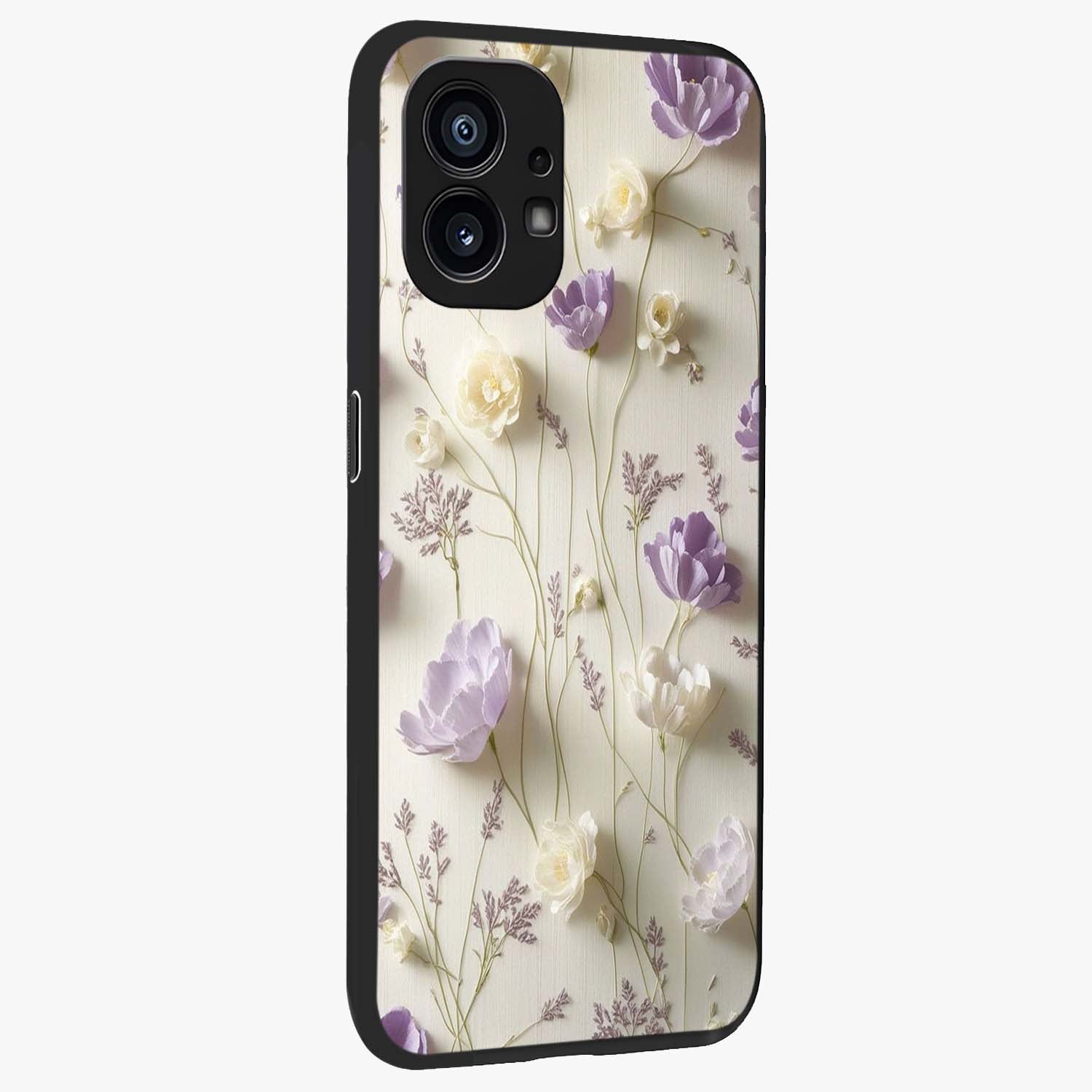 Lilac Breeze Harmony Glass Case upright view showcasing delicate lilac artwork with peaceful floral theme.