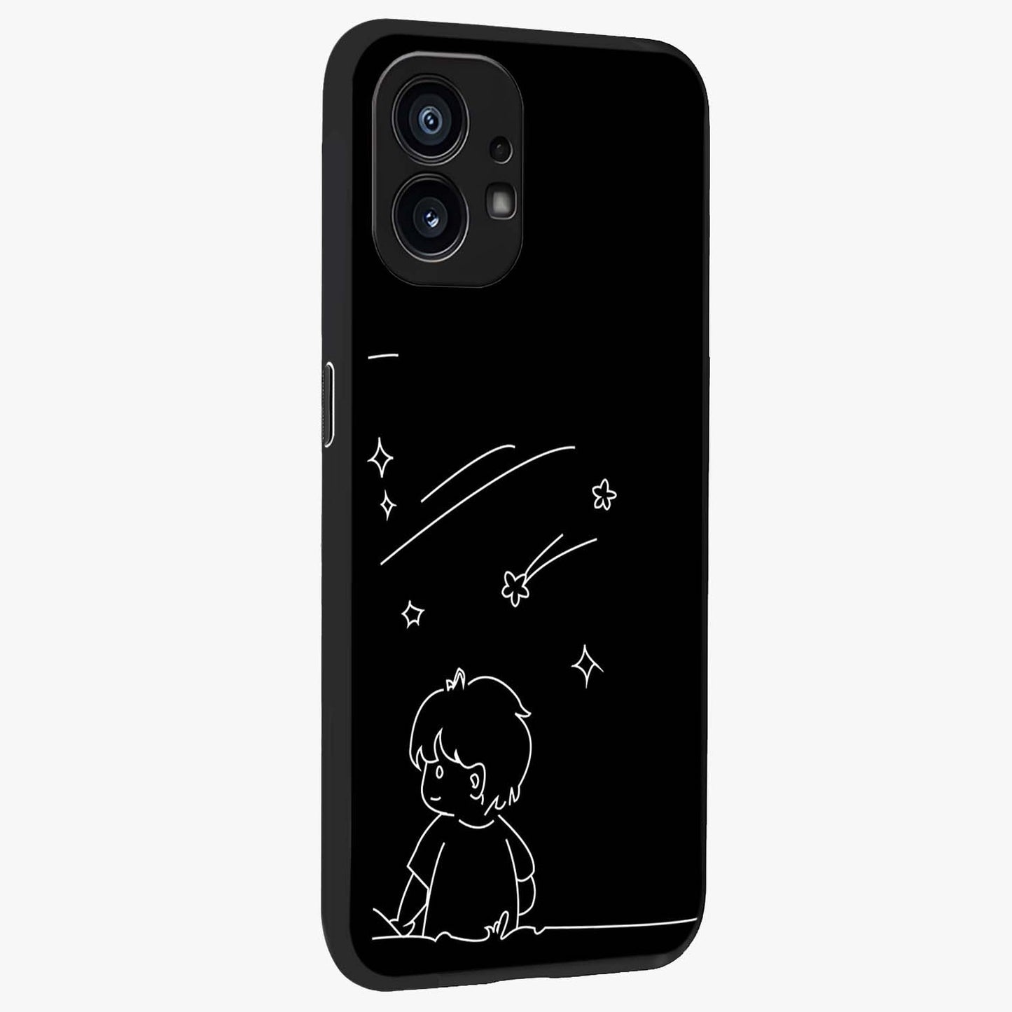 Line Art Boy With Shooting Stars Glass Case upright view showcasing artistic shooting star illustration with minimal style.