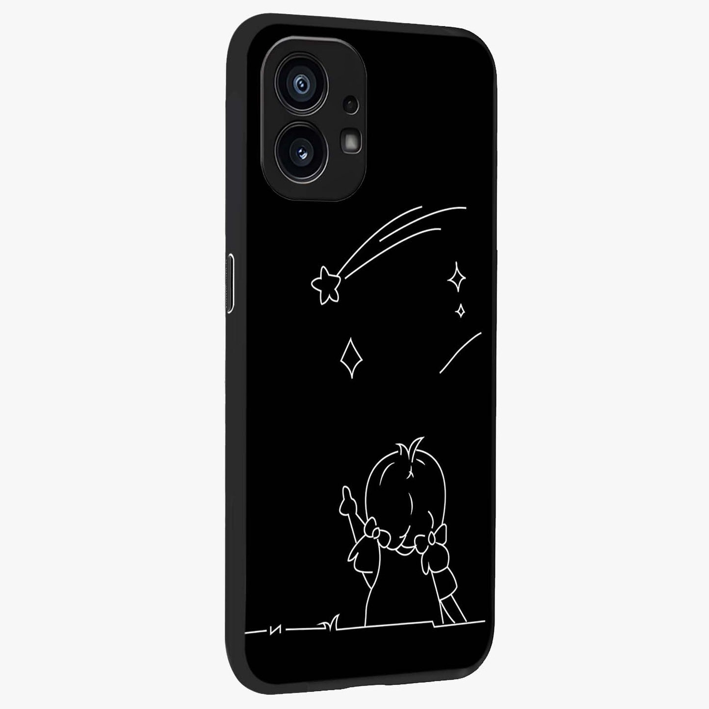 Line Art Girl With Shooting Stars Glass Case upright view showcasing delicate shooting stars artwork with minimal artistic theme.