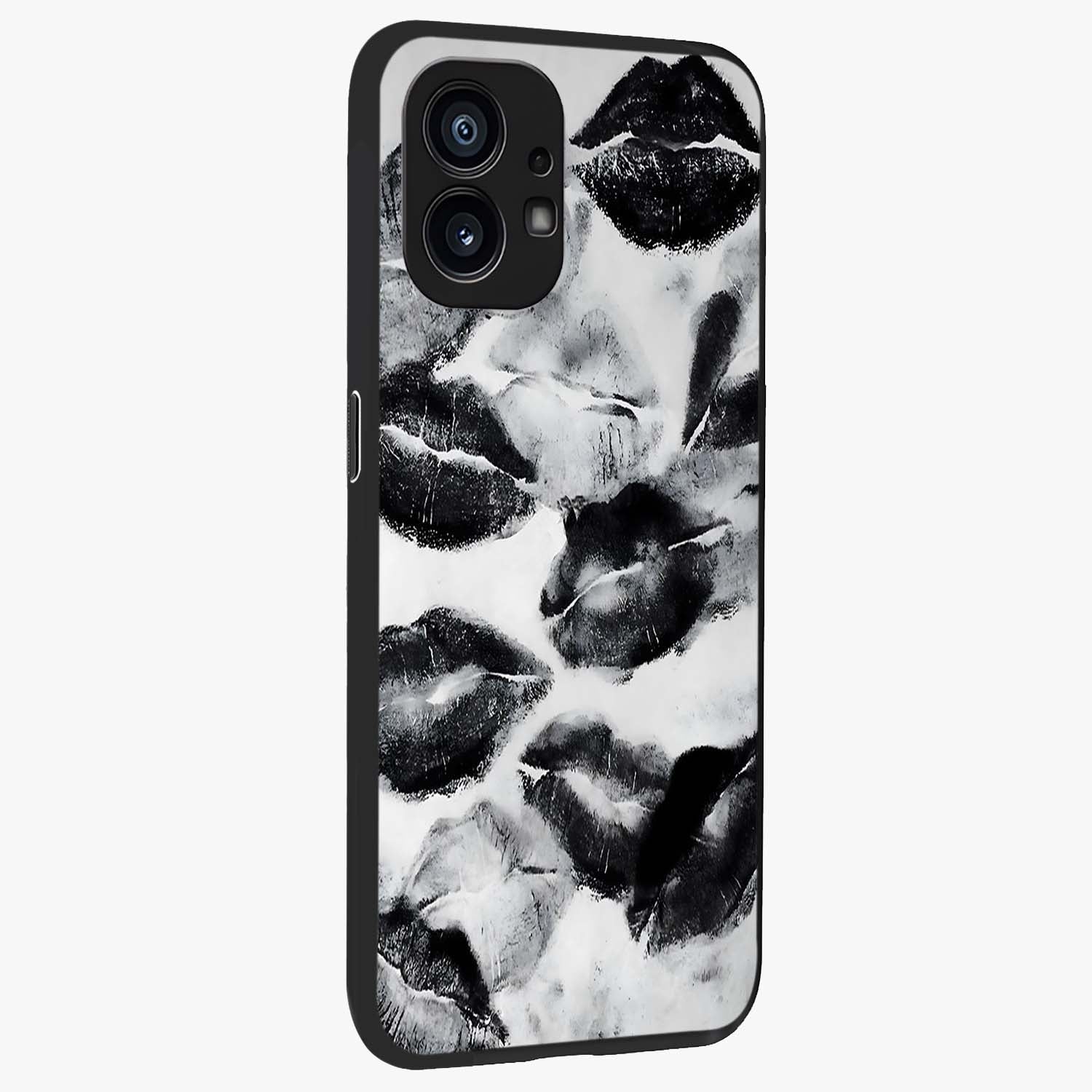 Midnight Kiss Marks Glass Case upright view showcasing stylish kiss mark artwork with trendy romantic theme.