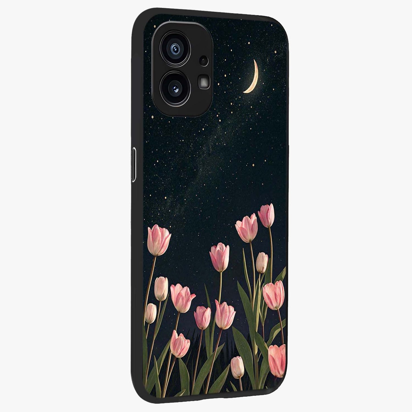 Midnight Tulip Whispers Vibe Glass Case upright view showcasing graceful tulip artwork with calm botanical theme.